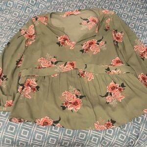 LOFT Green Floral Blouse with Pink Accents